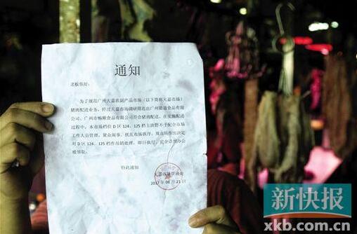 市场管理方对档主发出的通知