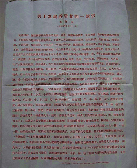 毛泽东：关于养猪业发展的一封信
