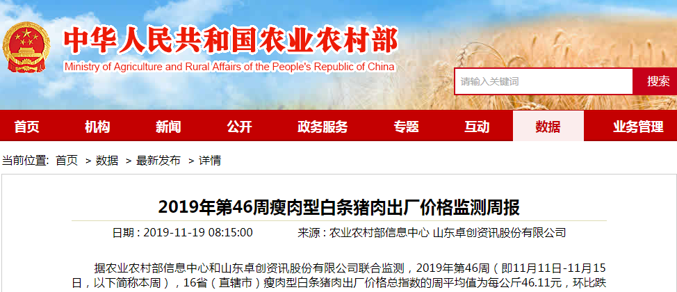 官方：上周国内瘦肉型白条猪肉出厂价格环比大幅下跌！