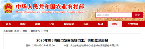 2020年第8周瘦肉型白条猪肉出厂价格监测周报
