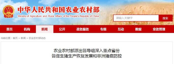 农业农村部：派督导组深入重点省份，督促生产恢复发展和非洲猪瘟防控
