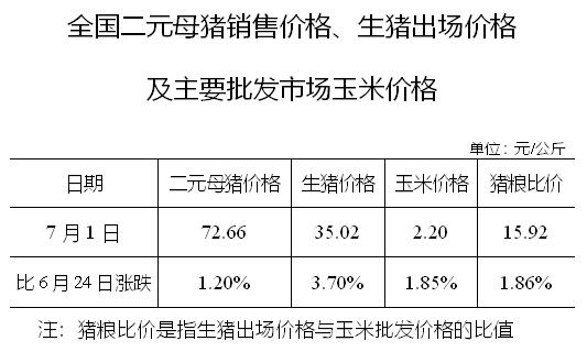 2020年07月01日猪粮比：生猪价格及玉米批发价格