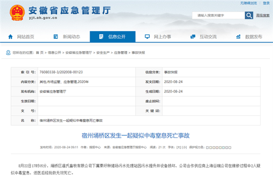 安徽一种猪场污水处理站设备损坏，2人疑似中毒窒息，抢救无效死亡