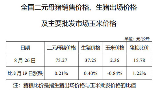 2020年08月26日猪粮比：生猪价格及玉米批发价格