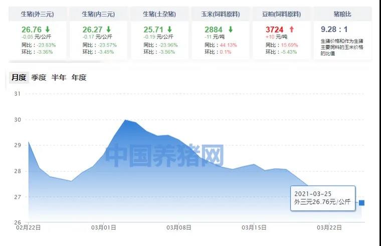 03月25日猪价：猪价行情持续走跌，华北地区有回暖迹象