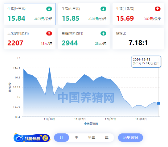 12月13日猪价：震荡调整 15.84元/公斤！